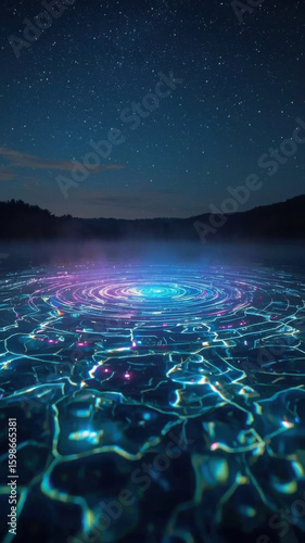 Glowing neon portal opening on water surface under starry night sky