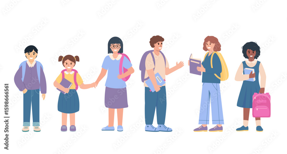 Set of happy students, school children with books and school bags. Smiling pupils boys and girls, classmates or friends on white background. Vector illustration. Set of happy students, school children with books and school bags. Smiling pupils boys and girls, classmates or friends on white background. Vector illustration.