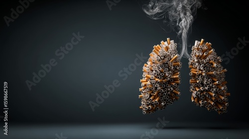 Minimalist lung composed of half smoked cigarettes with smoke on black background