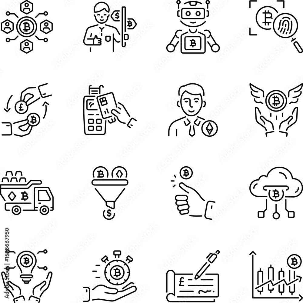 Fototapeta premium Pack of Bitcoin Trading Outline Style Icons