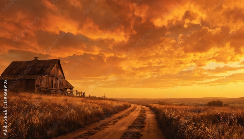 Fototapeta premium Rustic wooden barn sits beside a dirt path through golden fields under a dramatic fiery orange sky. The painting captures a warm, vibrant sunset or sunrise, evoking feelings of peace and quiet.