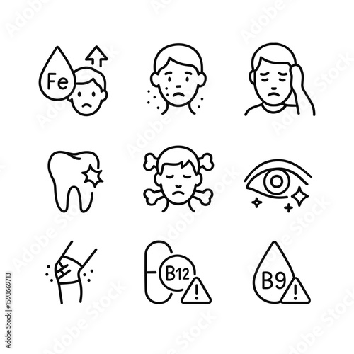 Vitamin supplements medical icon collection. Outline symbols. Line design