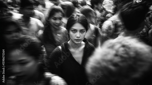 Black and white portrait woman standing still crowd motion blur background, direct gaze, high contrast, shallow depth of field, cinematic street photography, soft lighting
