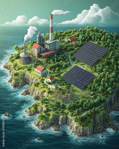 Coal plant vs solar farm same map Climate Change and Resource Use educational split screen illustration ecological tones digital art