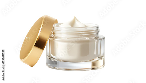 A luxurious glass jar of face cream with a gold lid promises radiant and youthful skin, isolated on transparent background