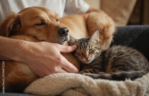 Wallpaper Mural Man hand gently strokes sleeping dog, cat resting together on sofa. Golden retriever dog leans on cat, sharing warmth. Scene captures deep companionship, trust, contentment in domestic life, showing Torontodigital.ca