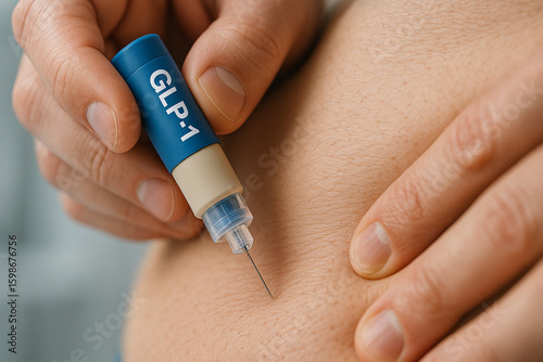 Close-up of GLP-1 injection pen being administered subcutaneously into abdomen. Hormone treatment for diabetes and weight loss shown in realistic clinical context with human hand and skin.