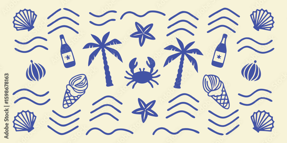 Obraz premium Whimsical blue summer beach pattern with palm trees and ice cream