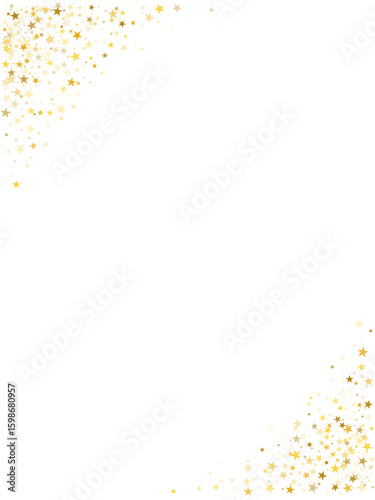 Gold stars vector background, sparkling Christmas confetti falling isolated on white. Magic shining flying golden stars glitter backdrop, sparkle border