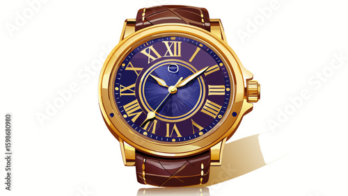 A luxurious men's wristwatch with golden frame, leather strap, elegant roman numerals, shiny sapphire glass, and vintage dial design, placed perfectly on a white background with refined reflections.

