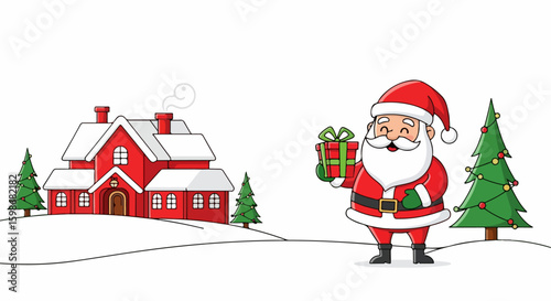 Santa Claus delivering gifts with Christmas tree and house covered with snow, winter scene. Santa Claus distributes presents during Christmas holiday season, wearing classic red suit and giving gift.