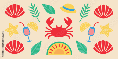 Vibrant summer beach icons and tropical drinks on a light background