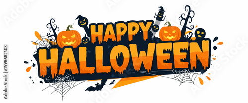 Bright Happy Halloween message with pumpkins, ghosts, bats, and spiderwebs. This Happy Halloween image brings festive atmosphere, with its vibrant colors and spooky decor.