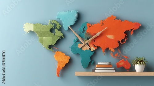 Time flies around the world a colorful, artistic world map clock on a light blue wall in a modern home