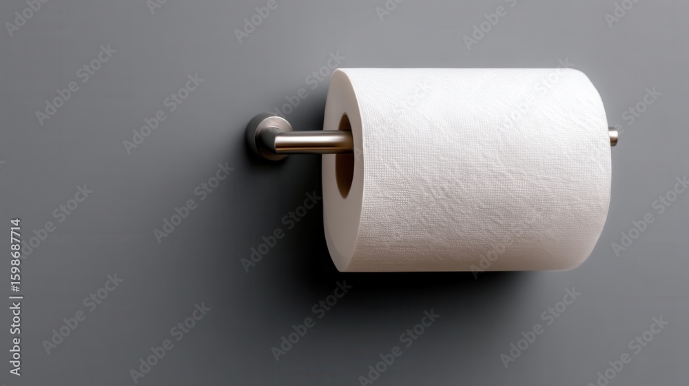 Obraz premium Still life with white Toilet Paper Roll on a metallic holder against gray background