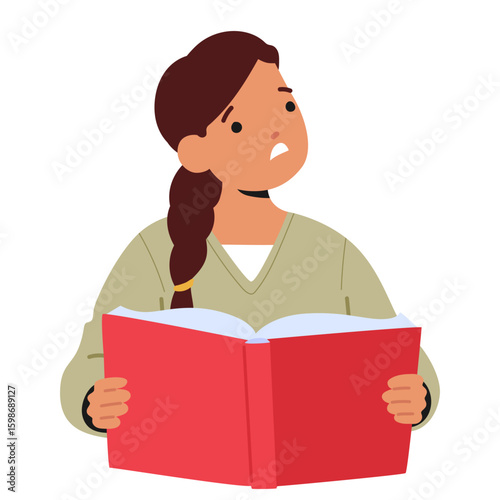 Little school girl cartoon character with book having problem with reading and language learning