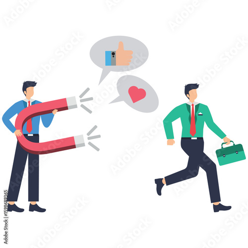 Flat illustration of businessman use magnet attract customer brand engagement social positive feedback share loyalty and trust stock illustration