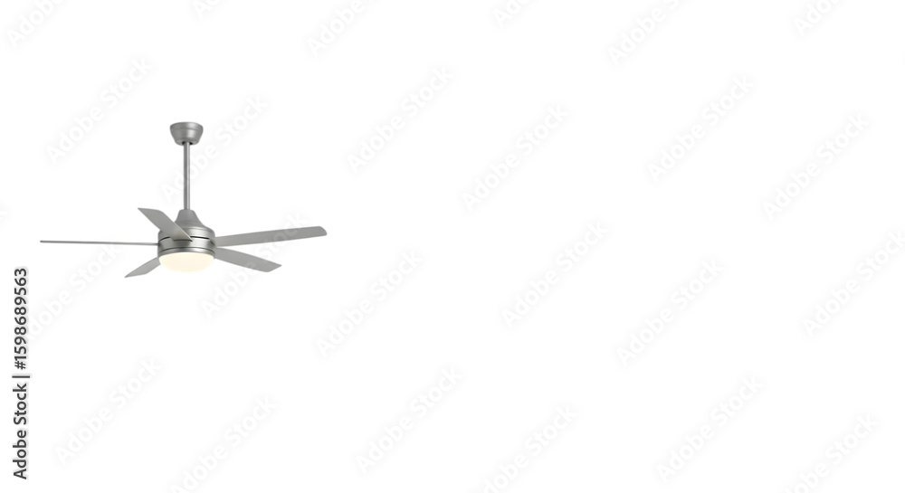 A modern brushed nickel ceiling fan with an integrated led light is shown isolated on a transparent A modern brushed nickel ceiling fan with an integrated led light is shown isolated on a transparent