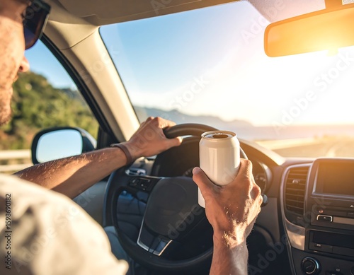 Man driving a car holding a can