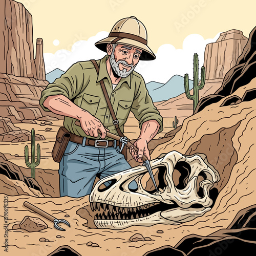 Cartoon Paleontologist Excavating Dinosaur Skull Fossil