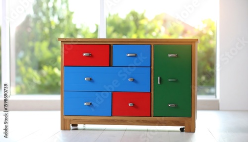 Colorful wooden chest of drawers in a room