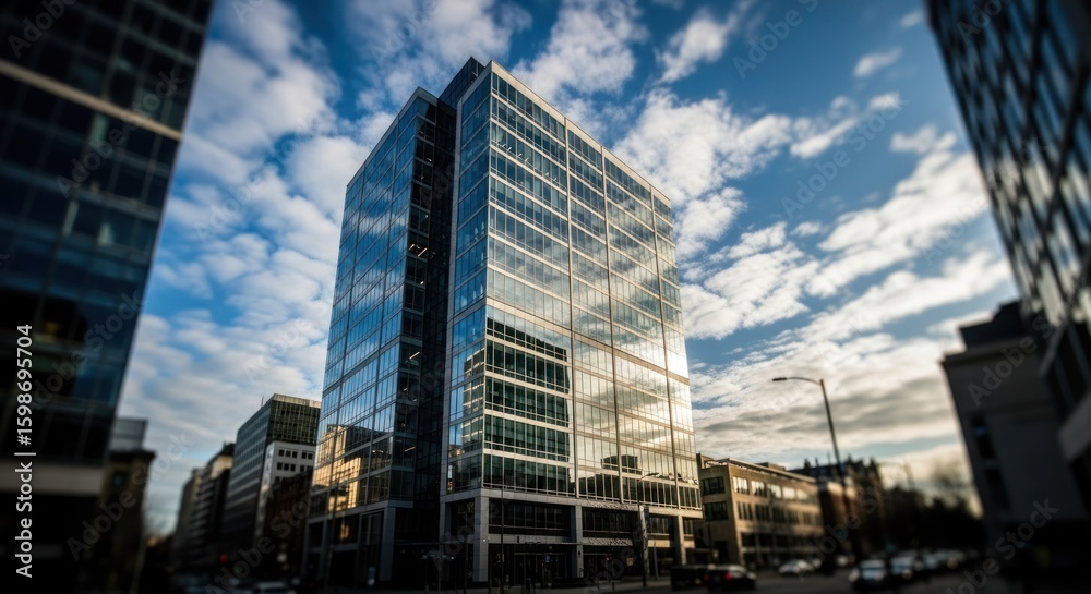 Fototapeta premium Modern glass office building, surrounded by other structures, under a partly cloudy sky