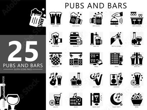Pubs and bars glyph icons set. contain beer, glass, keg, menu, cocktail, DJ, music, brandy, bell, bar counter, drink, lager and more. Vector EPS 10 for UI or UX kit, web and app entertainment industry