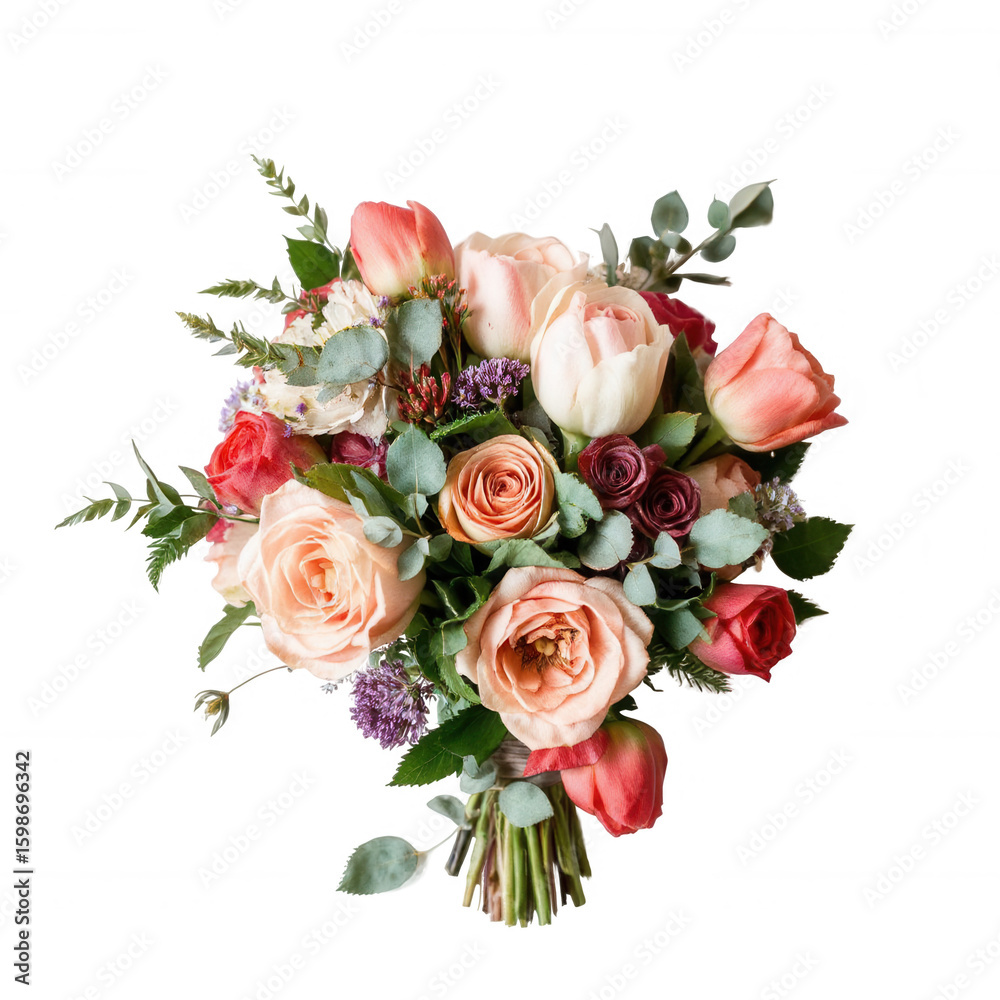 Colorful bouquet of roses and tulips with greenery arranged neatly Colorful bouquet of roses and tulips with greenery arranged neatly