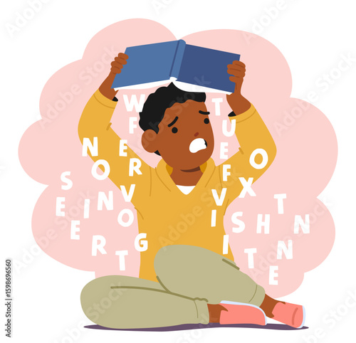 Angry frustrated preschool boy cartoon character with dyslexia having problem with learning