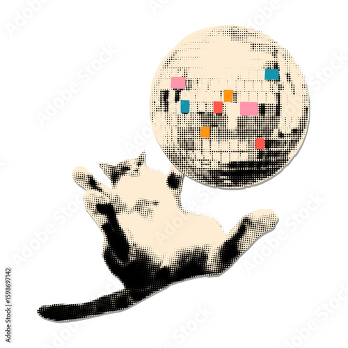 Trendy modern retro element for collage. Halftone cat playing with shiny disco ball as a toy cut out vector illustration isolated on transparent background. Grunge party sticker for mixed media design