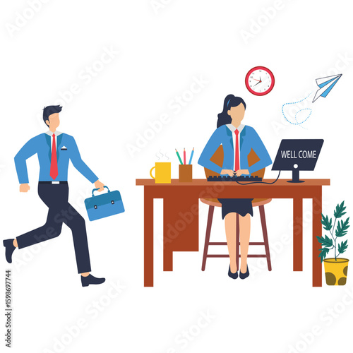 Flat illustration businessman walk to welcoming office desk hold box symbolizing starting new job stock illustration