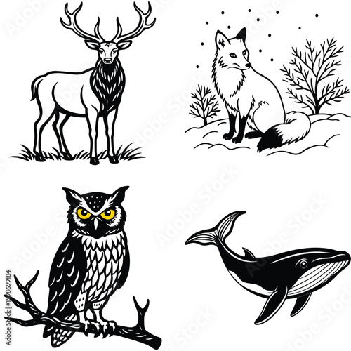 Vector art of a majestic stag with large antlers stands proudly in a grassy field depicted in a black and white illustration style