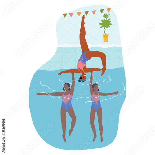 Synchro swimmers team in swimwear making aerobic trick underwater performing in swimming pool