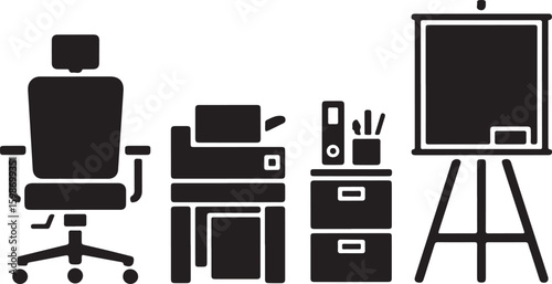 Office chair printer filing cabinet whiteboard vector