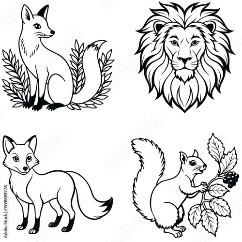 Vector art of a stylized black and white illustration of a sitting fox with a bushy tail surrounded by decorative foliage and leaves