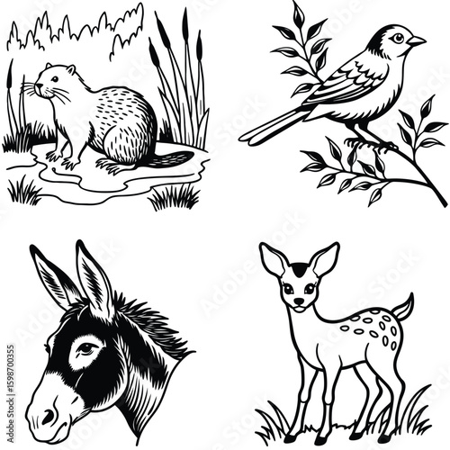 Vector art of a detailed black and white illustration of a beaver sitting on a rock near reeds and water