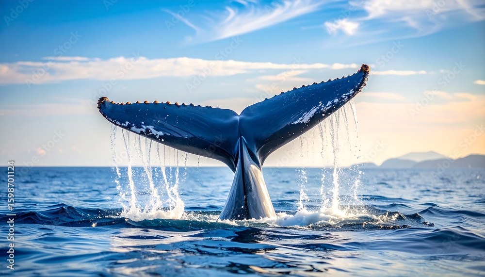 Fototapeta premium Whale tail emerging from ocean (1)
