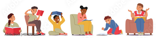 Set of diverse children cartoon characters having problem with reading and struggling with learning