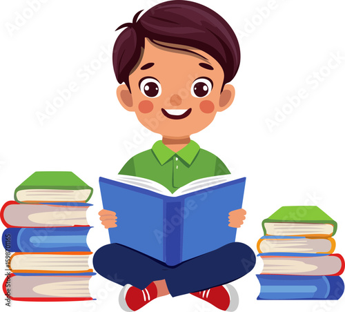 little boy reading a book