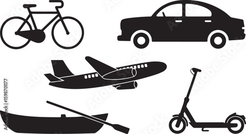 Bicycle car airplane boat scooter icons vector