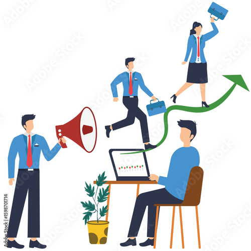 Flat illustration of businessman with megaphone motivate employee to walk up arrow symbolizing career inspiration stock illustration