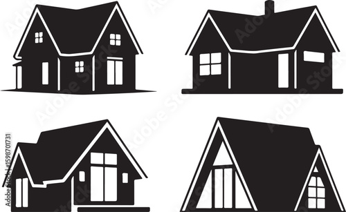 Black silhouette houses with windows and doors home building