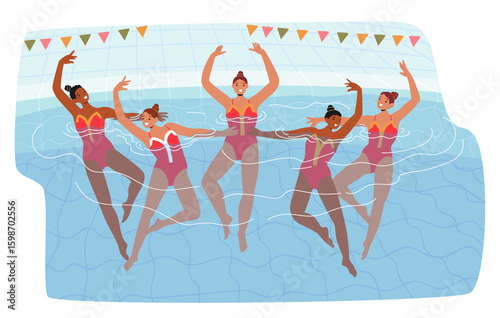 Attractive female aqua gymnasts team performing synchronized swimming in pool cartoon scene