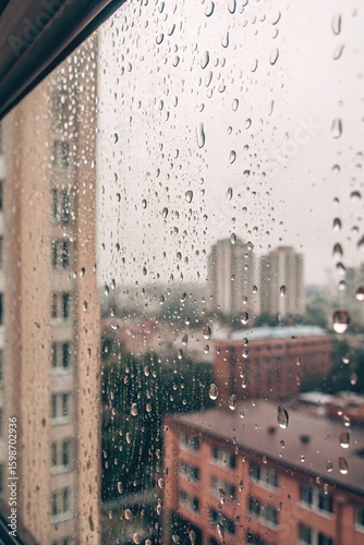 Close up view of raindrops on a window reflecting a rainy urban landscape with buildings in the background