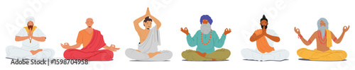 Different guru teachers meditating sitting in lotus position feeling mindfulness and peaceful set