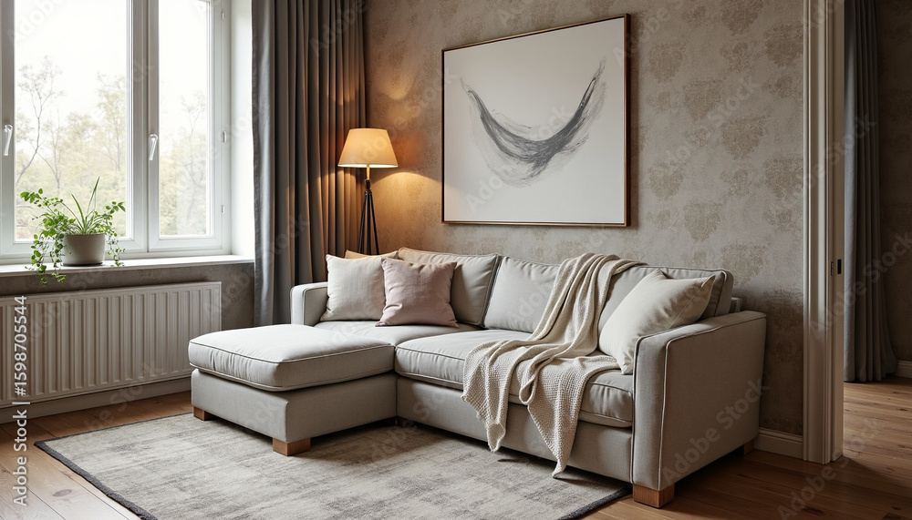 Fototapeta premium Modern Cozy Living Room with Stylish Sofa and Wall Art