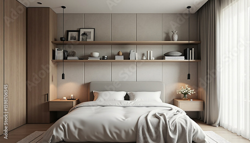 Modern Cozy Bedroom Interior with Wooden Furniture and Natural Light