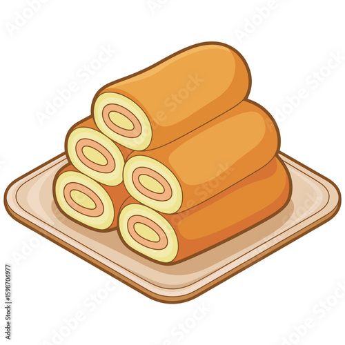 Stacked swiss roll cake slices on a plate