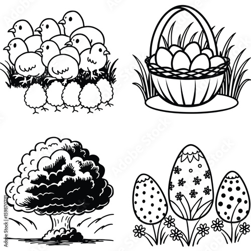 Vector art of a collection of cute fluffy chicks and baby birds gathered together in the grass symbolizing new life and spring