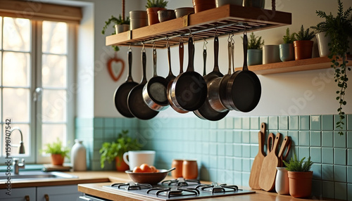 Modern Kitchen Interior with Hanging Stainless Steel Cookware
